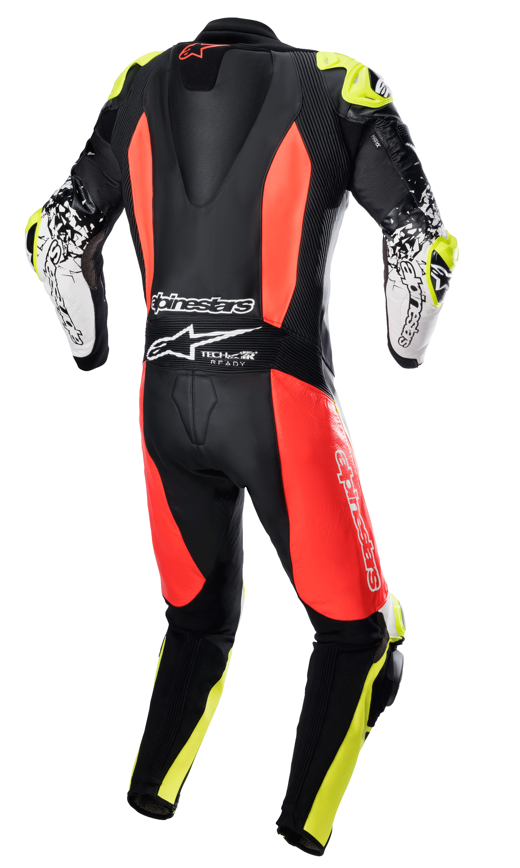 Alpinestars GP Tech V4 Leather Suit, 1-piece racing suit, Black Red Fluo and Yellow Fluo, rear view showing aerodynamic back hump, Alpinestars branding, and Tech-Air Ready logo, professional track performance design