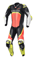 Alpinestars GP Tech V4 Leather Suit, One-Piece Motorcycle Racing Suit, Black with Fluo Red and Fluo Yellow accents, white forearms, featuring perforated leather panels, aerodynamic back hump, and integrated knee sliders, professional-grade protection for track riding