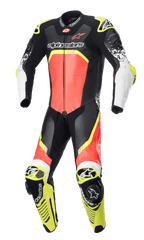 Alpinestars GP Tech V4 Leather Suit, One-Piece Motorcycle Racing Suit, Black with Fluo Red and Fluo Yellow accents, white forearms, featuring perforated leather panels, aerodynamic back hump, and integrated knee sliders, professional-grade protection for track riding