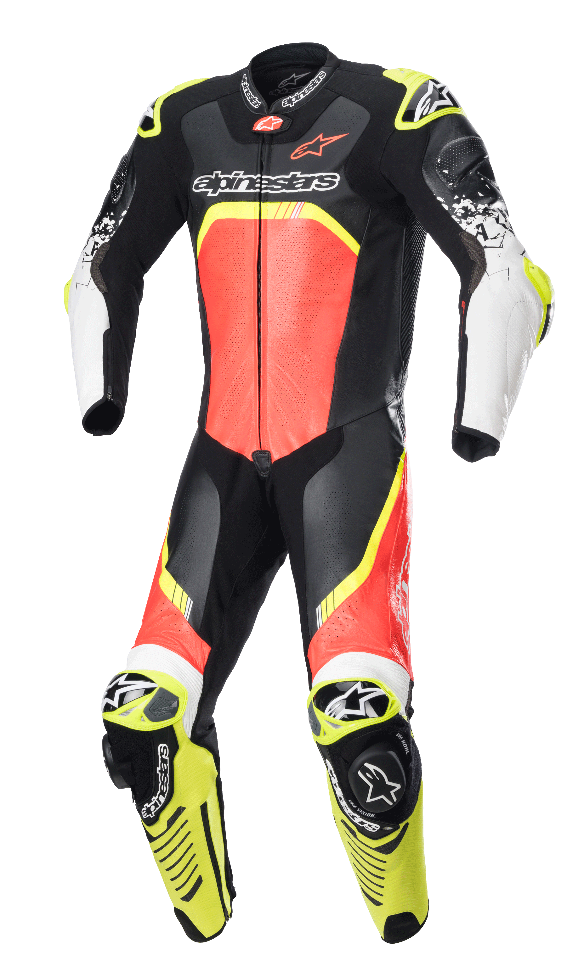 Alpinestars GP Tech V4 Leather Suit, One-Piece Motorcycle Racing Suit, Black with Fluo Red and Fluo Yellow accents, white forearms, featuring perforated leather panels, aerodynamic back hump, and integrated knee sliders, professional-grade protection for track riding
