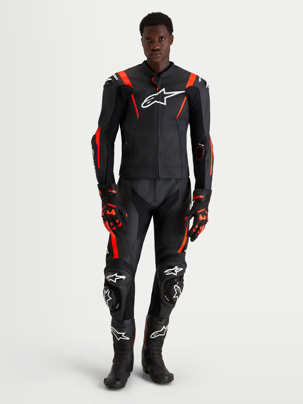 Alpinestars Missile V3 Leather Suit - 2 Piece, Black and Red Fluo men's motorcycle racing suit, AAA-rated leather with DFS armor and ventilation features