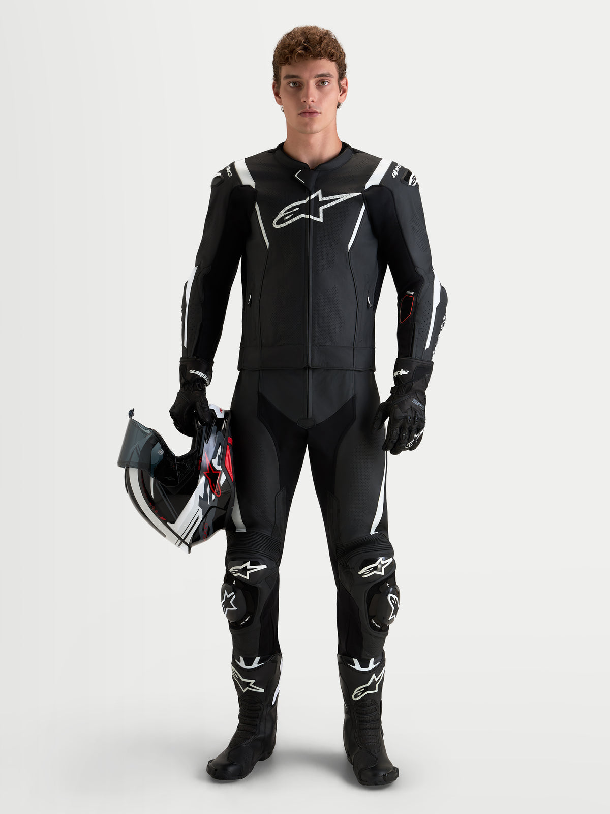 Alpinestars Missile V3 Leather Suit - 2 Piece, Men's Black and White two-piece motorcycle racing leather suit, AAA-rated track gear with DFS armor and helmet