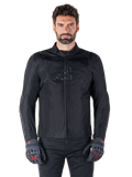 Alpinestars T-SPS V2 Waterproof Jacket, Black motorcycle textile jacket, worn by rider with black and red gloves, featuring a high collar, zippered front, and subtle chest logo, waterproof protection for sport and urban riding