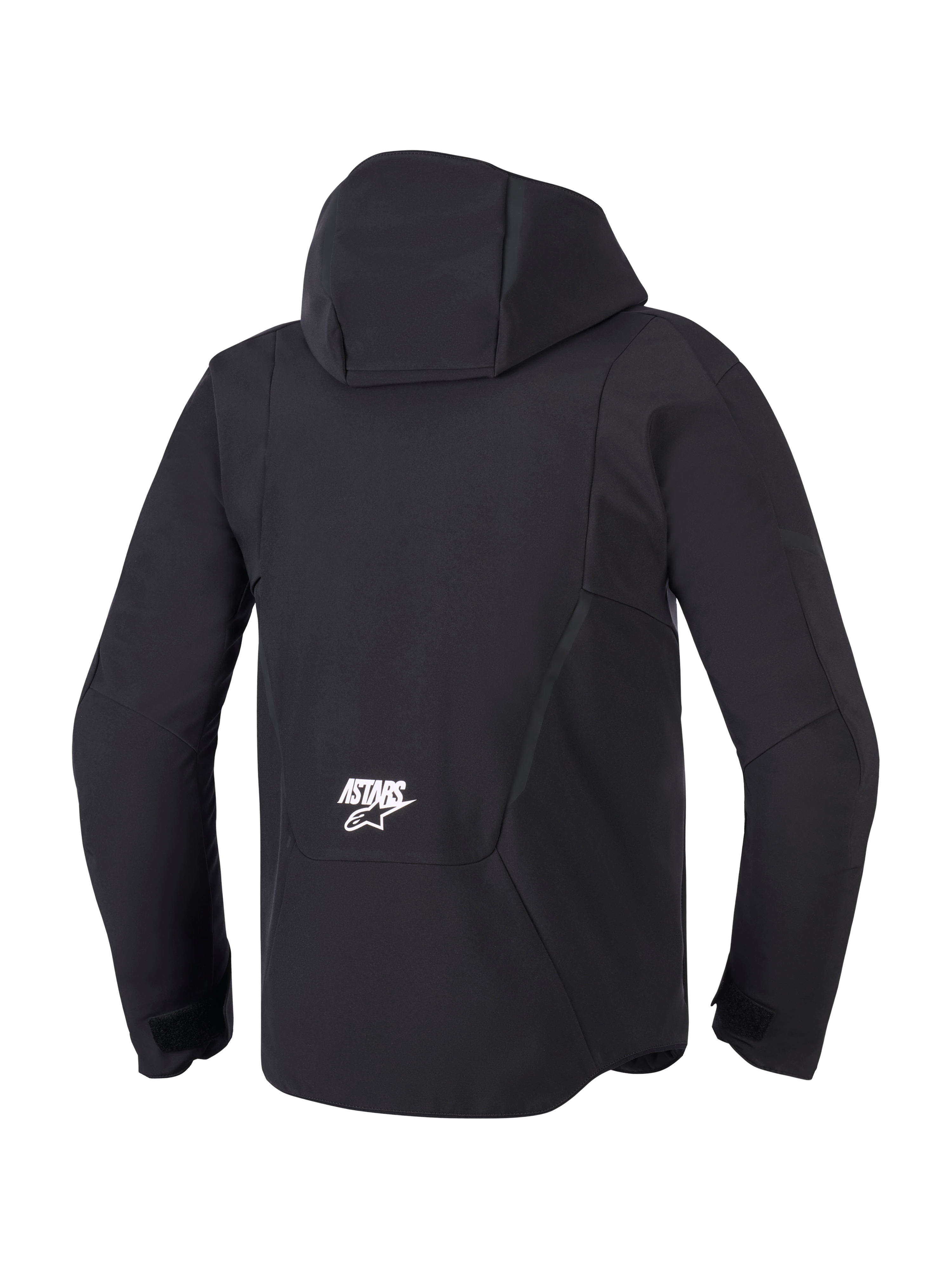 Alpinestars Aeroshell Waterproof Jacket, Men's Black Softshell Motorcycle Jacket, back view with hood and white ASTARS logo.