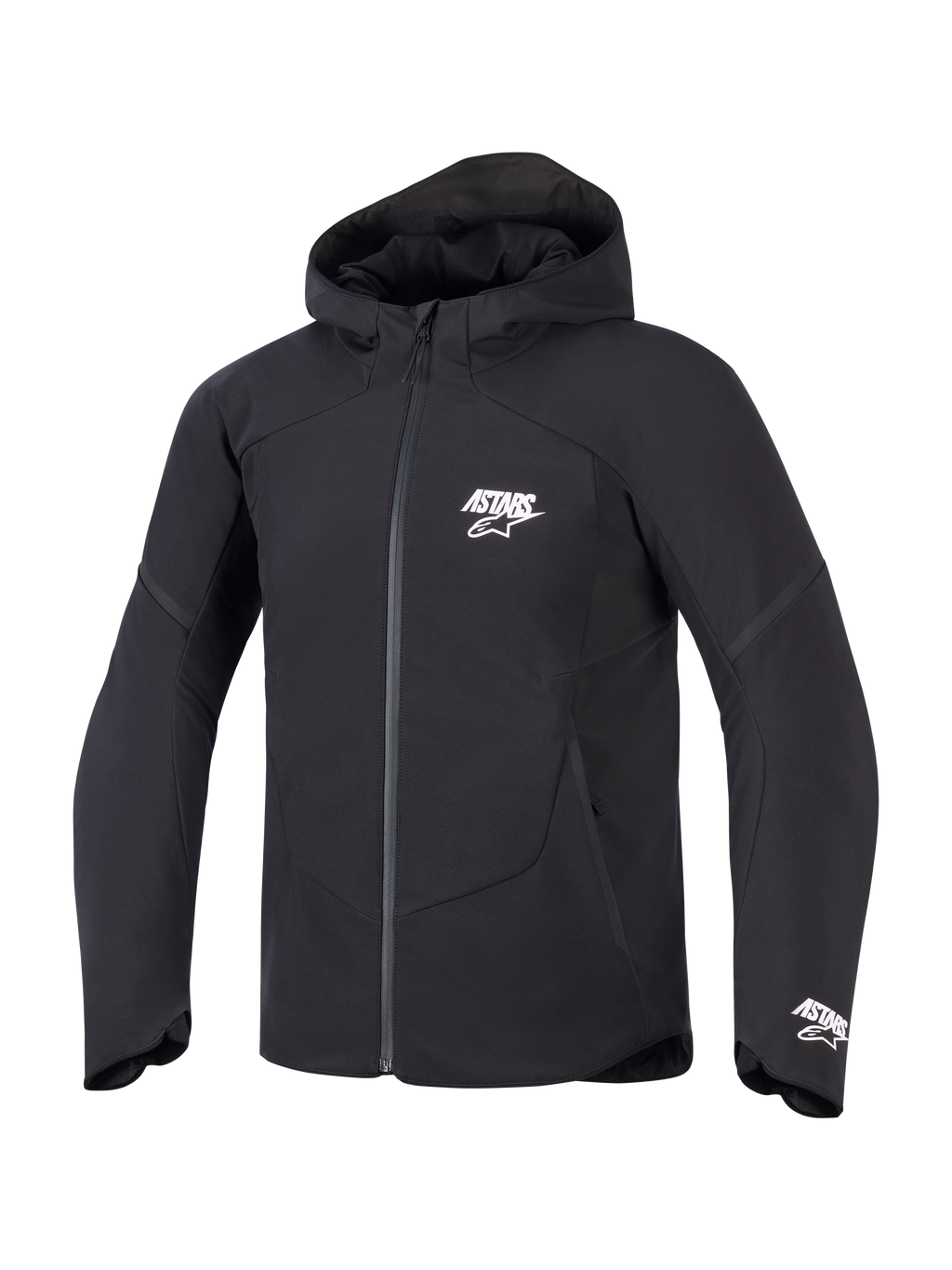 Alpinestars Aeroshell Waterproof Jacket, black men's hooded softshell motorcycle jacket with white ASTARS branding.