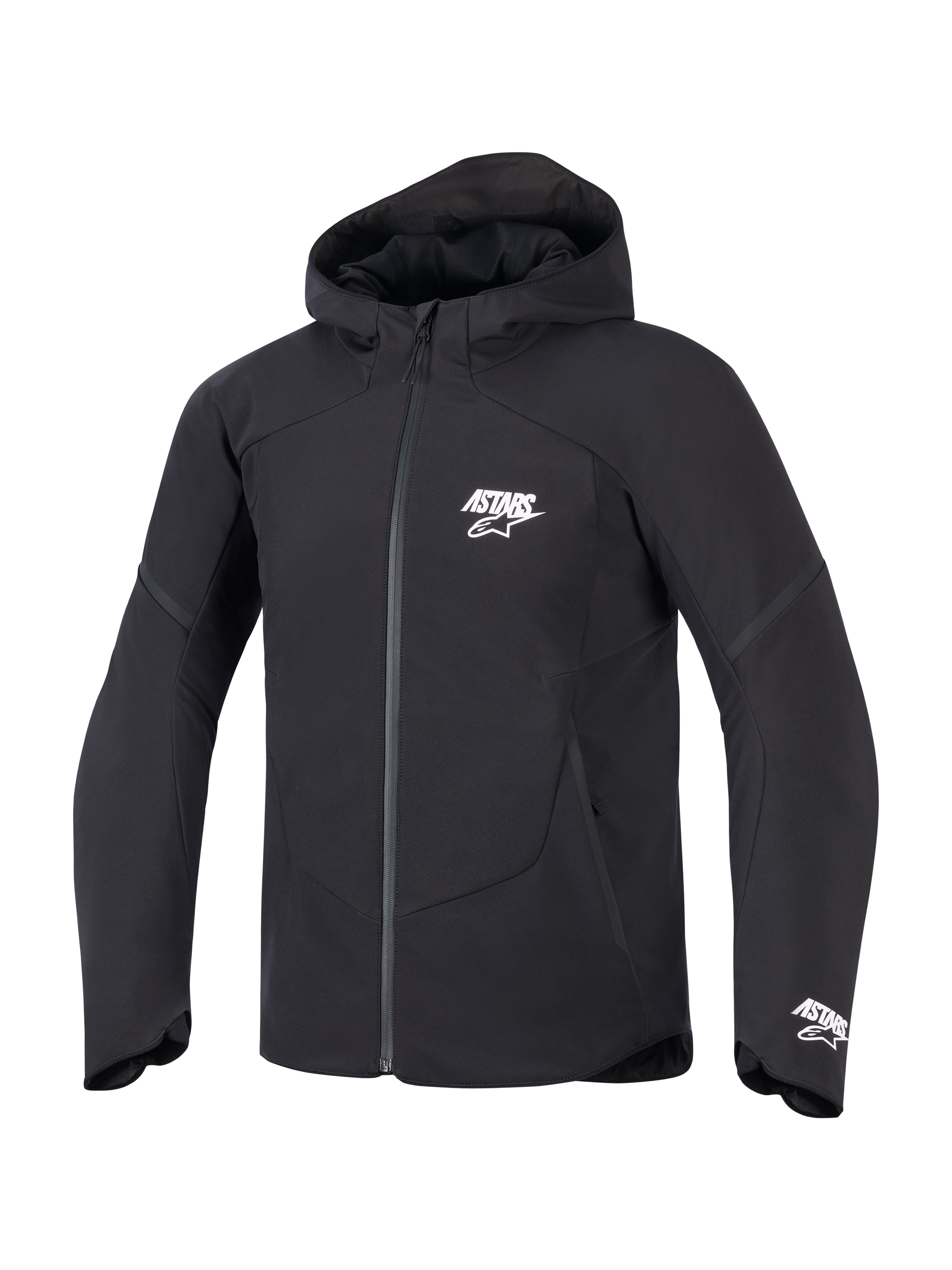 Alpinestars Aeroshell Waterproof Jacket, black men's hooded softshell motorcycle jacket with white ASTARS branding.