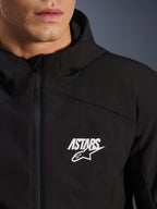 Alpinestars Aeroshell Waterproof Jacket, black men's motorcycle softshell with white ASTARS logo and waterproof zipper.