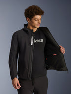 Alpinestars Aeroshell Waterproof Jacket, black softshell urban motorcycle jacket for men, unzipped showing interior pocket.