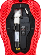 Alpinestars Tech-Air® 5 Plasma Airbag Replacement Canister, Airbag System Accessory, red and black, close-up internal view showing the white argon inflator canister with silver clamp, electronic control unit with ON/OFF switch, and wavy ribbed red outer shell