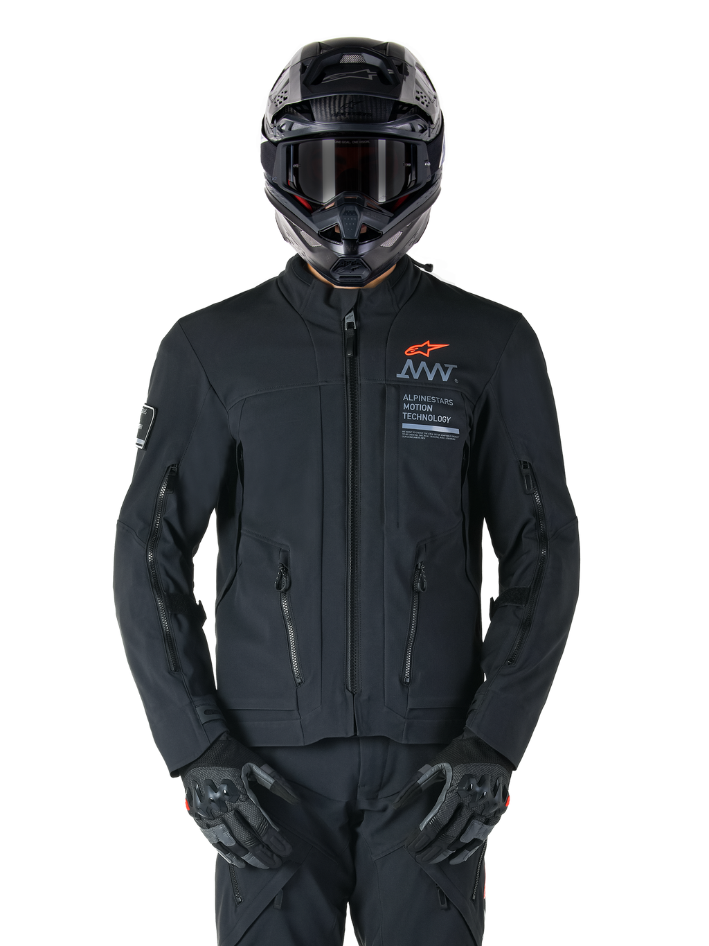 Alpinestars AMT-8 Stretch Drystar® XF Jacket, Black Motorcycle Jacket, featuring orange Alpinestars logo and grey AMT branding, high collar with front zipper and vents, worn with black helmet and gloves, protective adventure touring gear