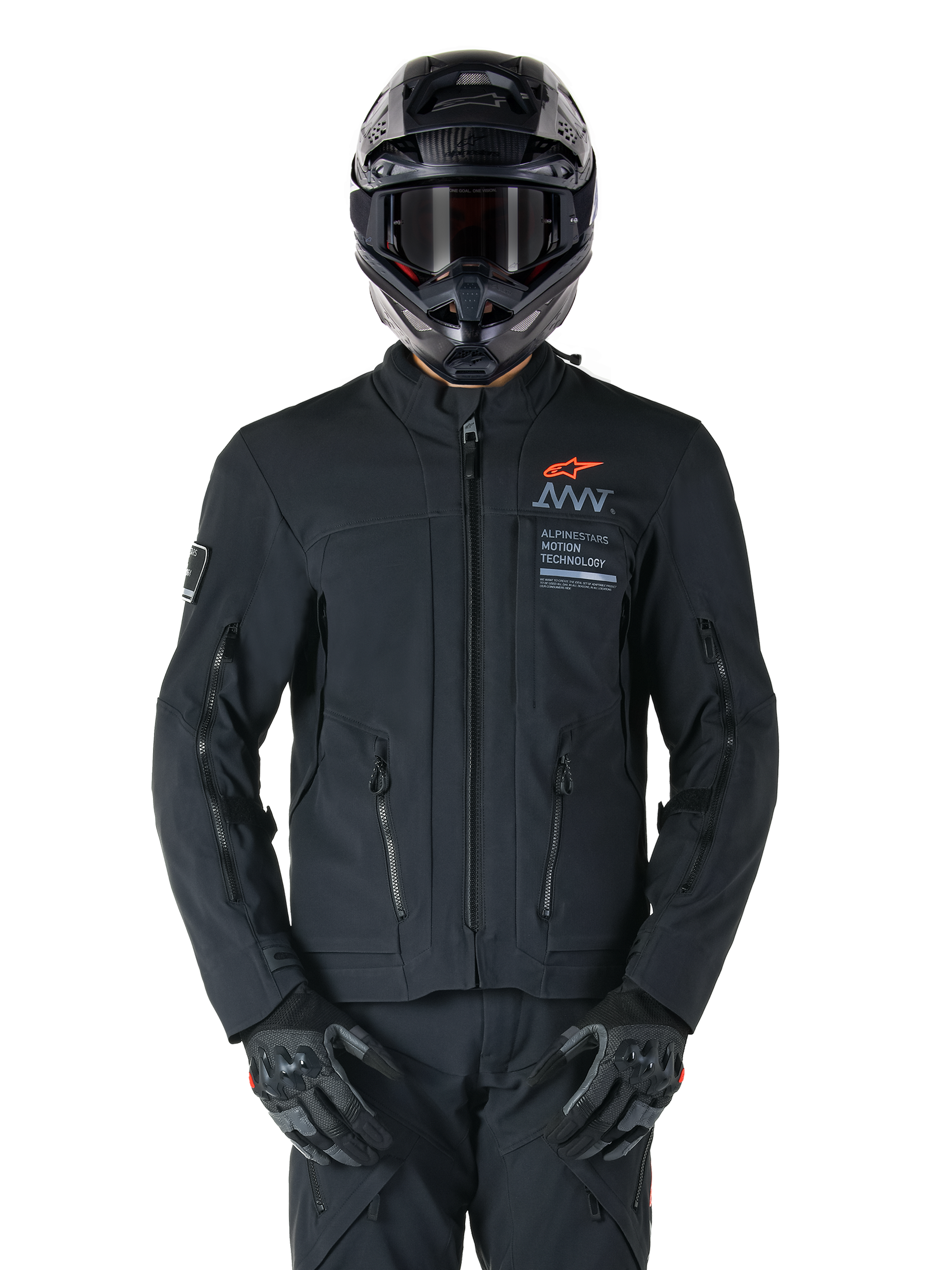 Alpinestars AMT-8 Stretch Drystar® XF Jacket, Black Motorcycle Jacket, featuring orange Alpinestars logo and grey AMT branding, high collar with front zipper and vents, worn with black helmet and gloves, protective adventure touring gear