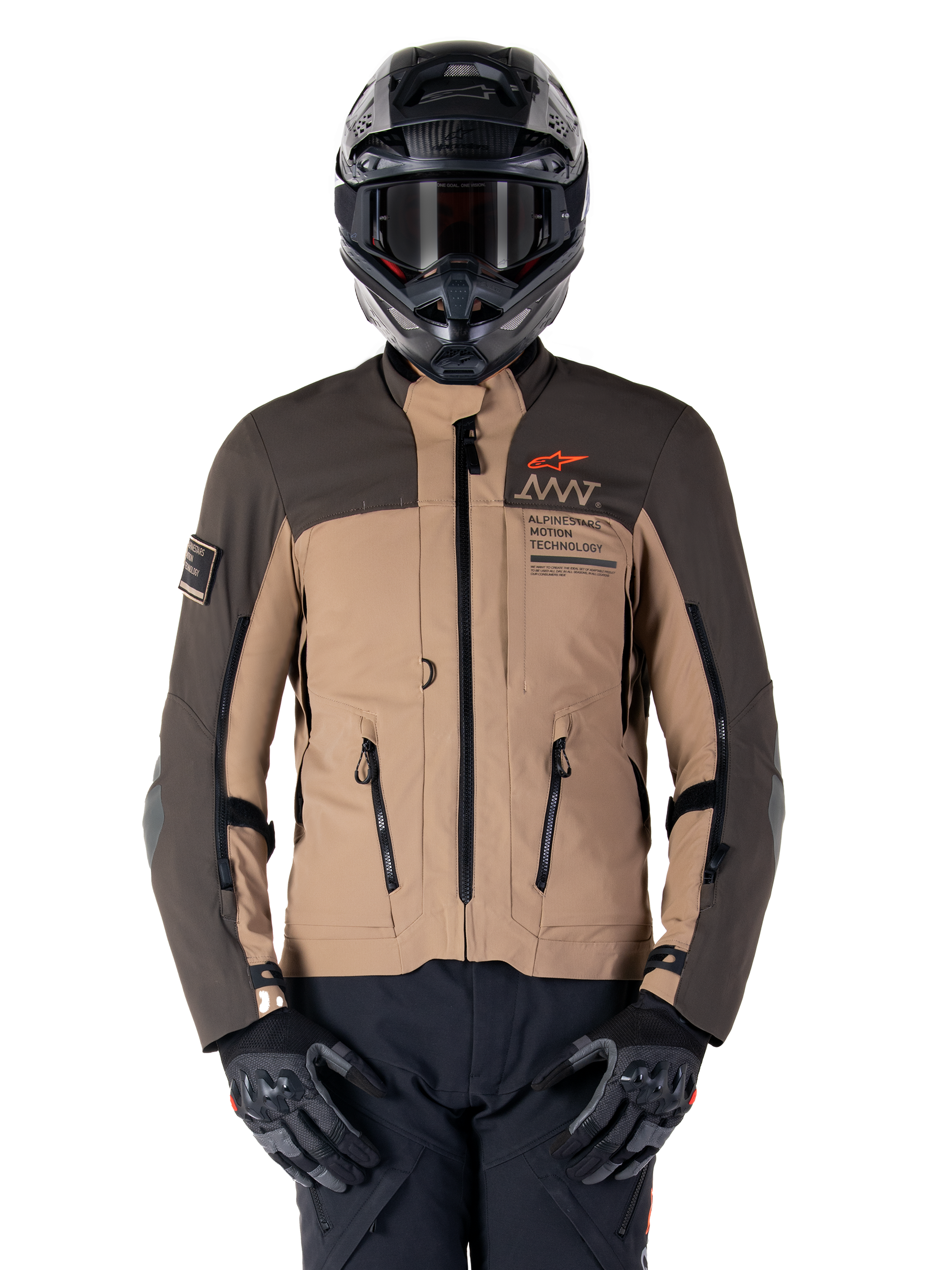Alpinestars AMT-8 Stretch Drystar XF Jacket, Motorcycle Adventure Touring Jacket, Dark Khaki and Dark Brown, featuring orange Astars logo and black zippers, worn with black adventure helmet and gloves, full riding gear setup