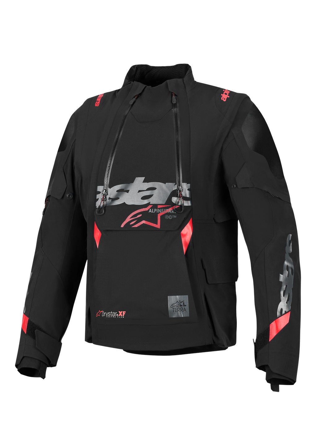 Alpinestars Halo Pro Drystar® XF Laminated Jacket, Black with red and grey accents, featuring dual asymmetrical waterproof front zippers, a large chest logo, and a modular technical textile design for adventure riding.