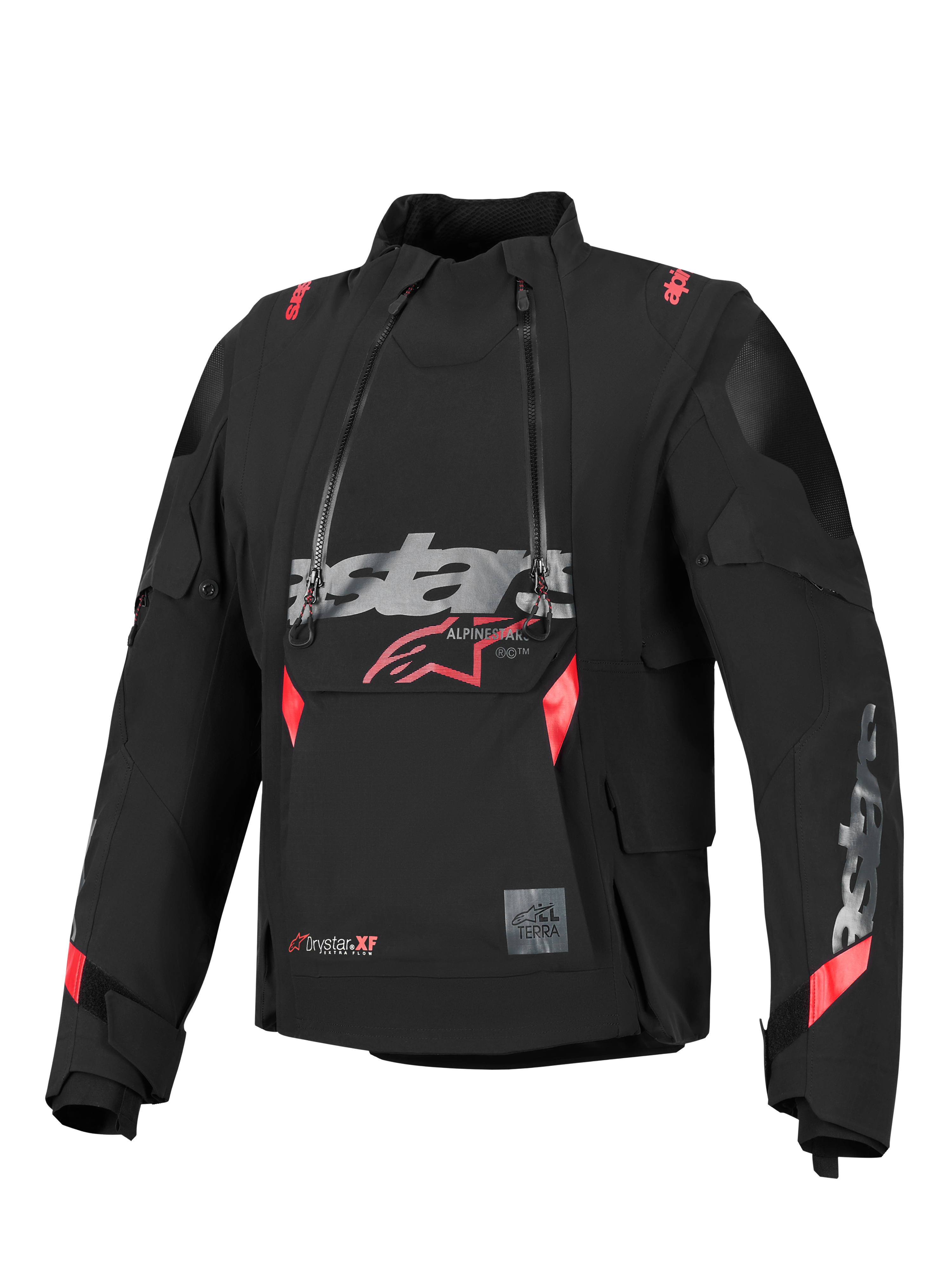 Alpinestars Halo Pro Drystar® XF Laminated Jacket, Black with red and grey accents, featuring dual asymmetrical waterproof front zippers, a large chest logo, and a modular technical textile design for adventure riding.