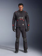 Alpinestars Halo Pro Drystar® XF Laminated Jacket, Black Dark Shadow with red accents, adventure motorcycle gear set including matching pants and gloves, modular textile design with front ventilation panels and prominent chest logo.