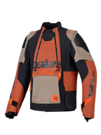 Alpinestars Halo Pro Drystar® XF Laminated Jacket, Adventure Motorcycle Jacket, Walnut Rust Black, front view featuring modular chest panel with dual waterproof zippers, rugged textile construction with tan and orange panels.