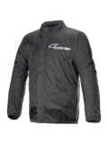 Alpinestars Hurricane Rain V2 Jacket, Motorcycle Rain Jacket, Black, featuring white Alpinestars logo on chest, high collar, front zipper with storm flap, elasticated cuffs and hem, waterproof laminated textile