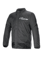 Alpinestars Hurricane Rain V2 Jacket, Motorcycle Rain Jacket, Black, featuring white Alpinestars logo on chest, high collar, front zipper with storm flap, elasticated cuffs and hem, waterproof laminated textile