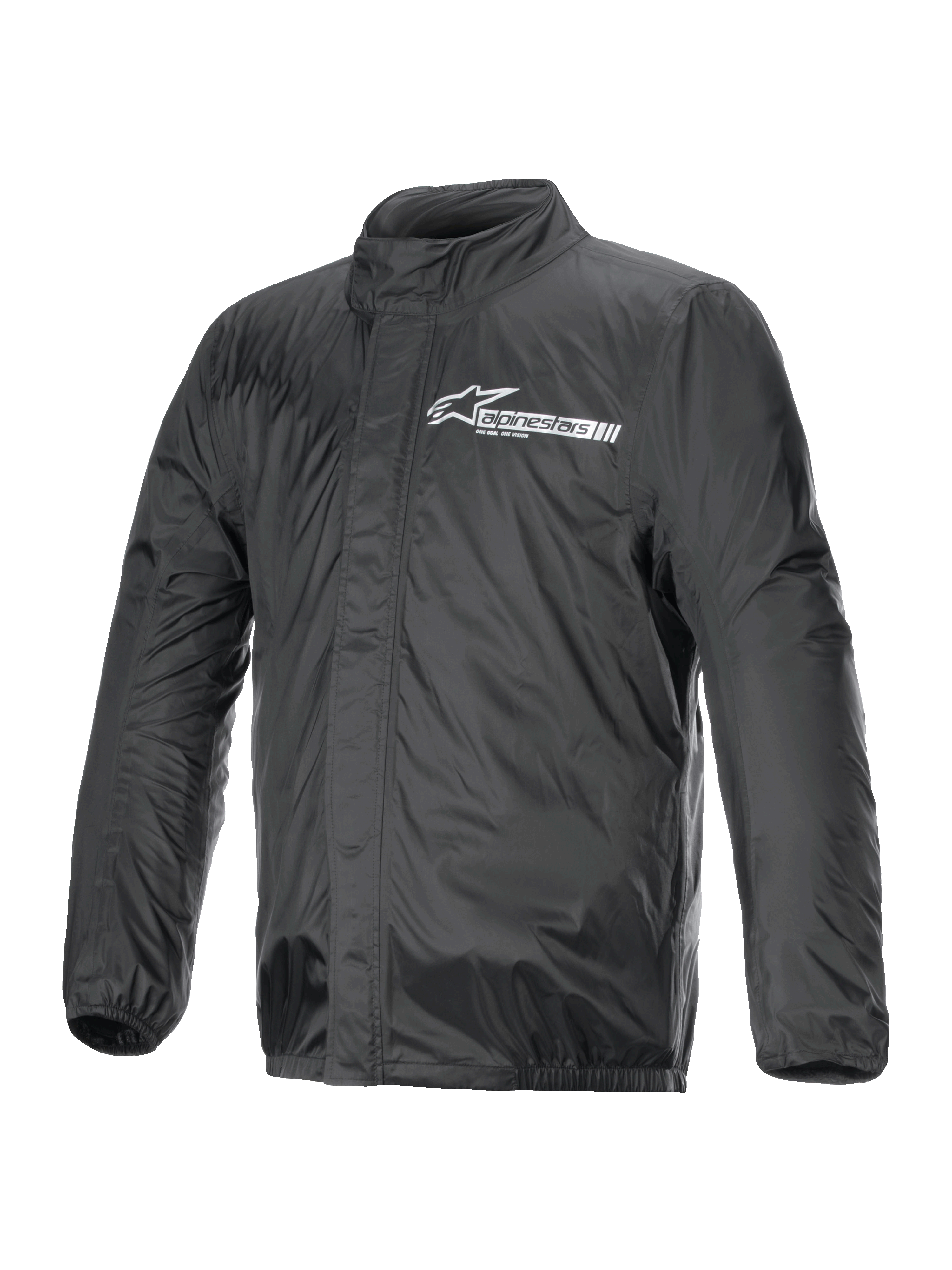 Alpinestars Hurricane Rain V2 Jacket, Motorcycle Rain Jacket, Black, featuring white Alpinestars logo on chest, high collar, front zipper with storm flap, elasticated cuffs and hem, waterproof laminated textile