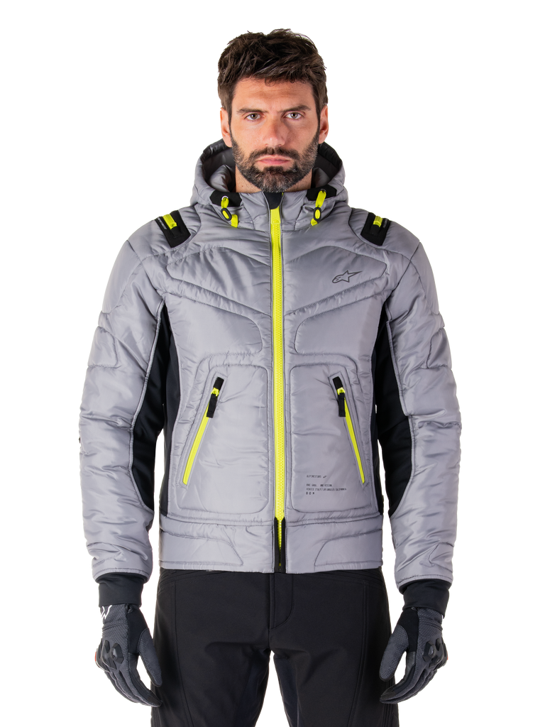 Alpinestars Mohobbs Waterproof Jacket, Urban Motorcycle Jacket, Lunar Gray with Lime Punch accents, quilted bomber design with hood, bright yellow zippers and black side panels, streetwear-inspired protective riding gear