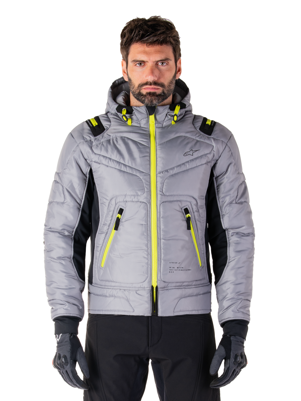 Alpinestars Mohobbs Waterproof Jacket, Urban Motorcycle Jacket, Lunar Gray with Lime Punch accents, quilted bomber design with hood, bright yellow zippers and black side panels, streetwear-inspired protective riding gear
