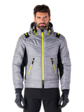 Alpinestars Mohobbs Waterproof Jacket, Urban Motorcycle Jacket, Lunar Gray with Lime Punch accents, quilted bomber design with hood, bright yellow zippers and black side panels, streetwear-inspired protective riding gear