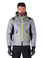 Alpinestars Mohobbs Waterproof Jacket, Urban Motorcycle Jacket, Lunar Gray with Lime Punch accents, quilted bomber design with hood, bright yellow zippers and black side panels, streetwear-inspired protective riding gear