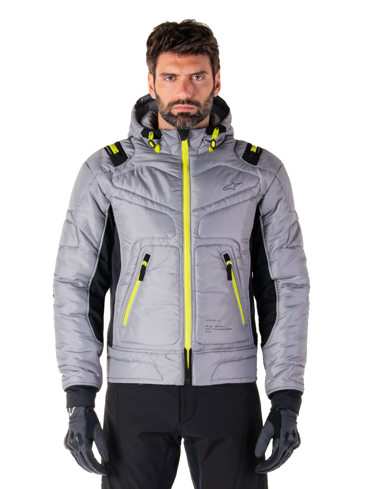 Alpinestars Mohobbs Waterproof Jacket, Urban Motorcycle Jacket, Lunar Gray with Lime Punch accents, quilted bomber design with hood, bright yellow zippers and black side panels, streetwear-inspired protective riding gear