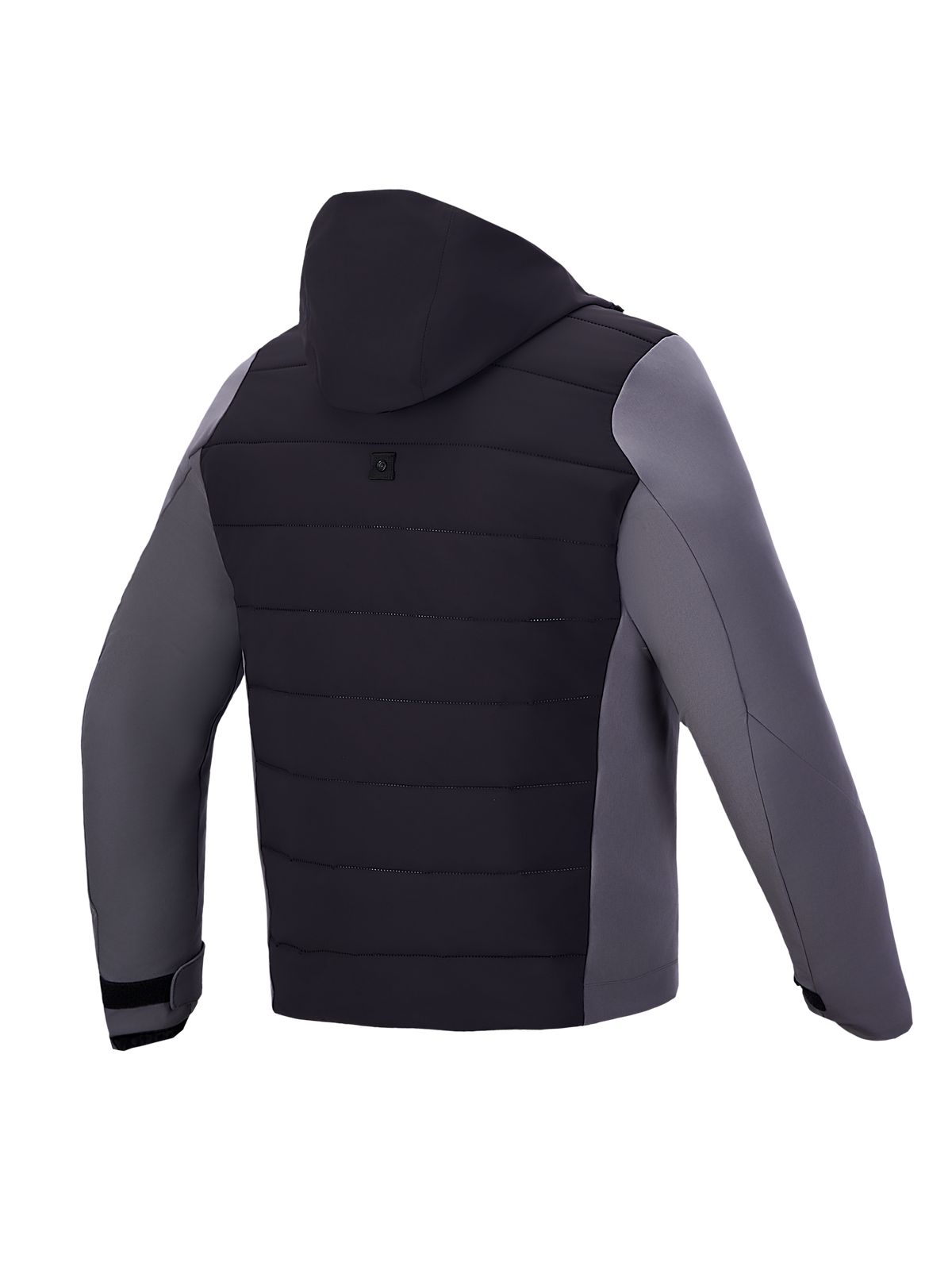 Alpinestars Therma-Tech Waterproof Jacket, Men's Motorcycle Commuter Jacket, Black and Dark Gray, featuring sonic-welded down construction, fixed waterproof membrane, and integrated hood system, rear view