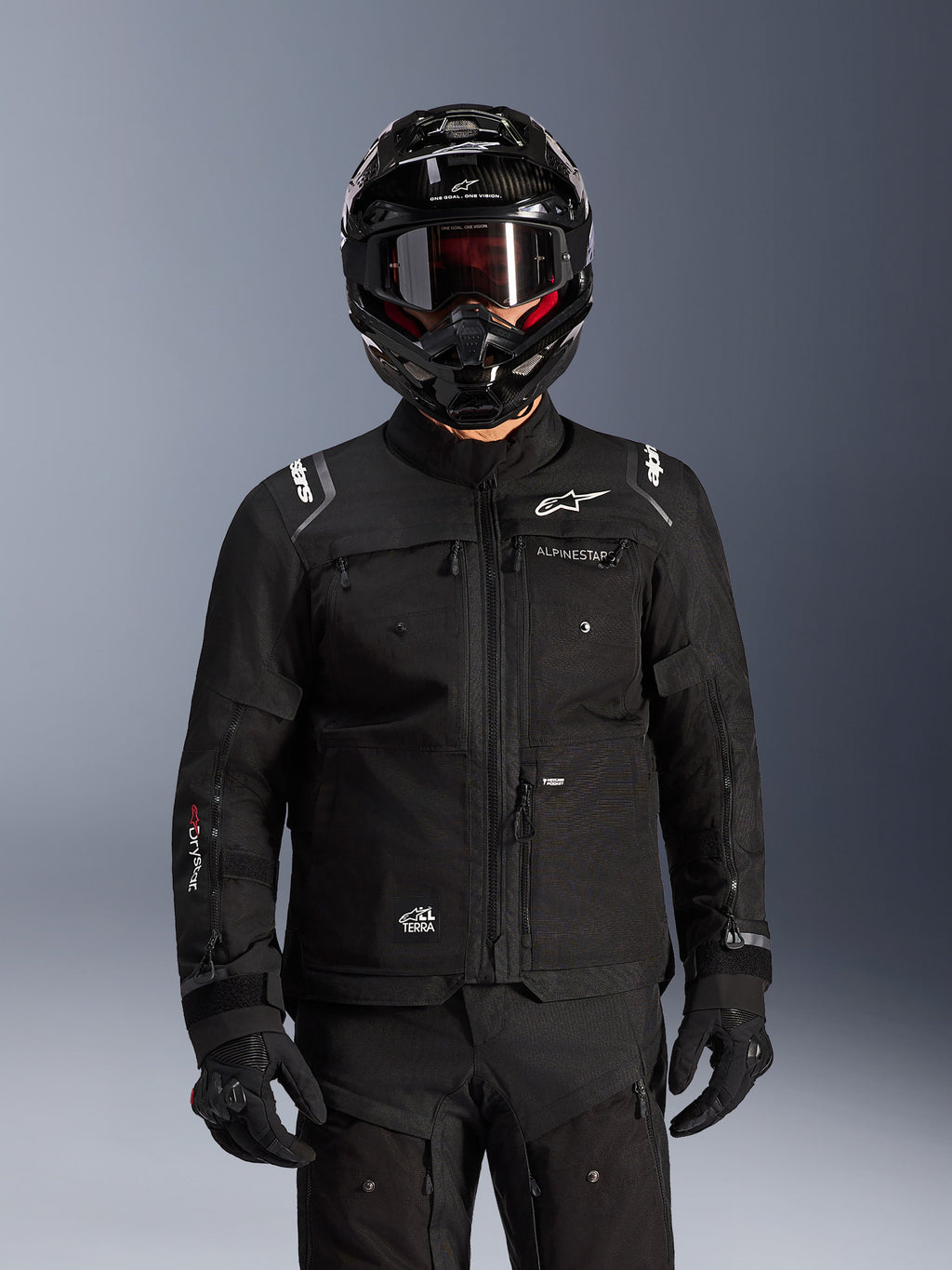 Alpinestars Cusco Drystar® Jacket, Black Men's Adventure Touring Jacket, textile, worn with helmet and goggles.