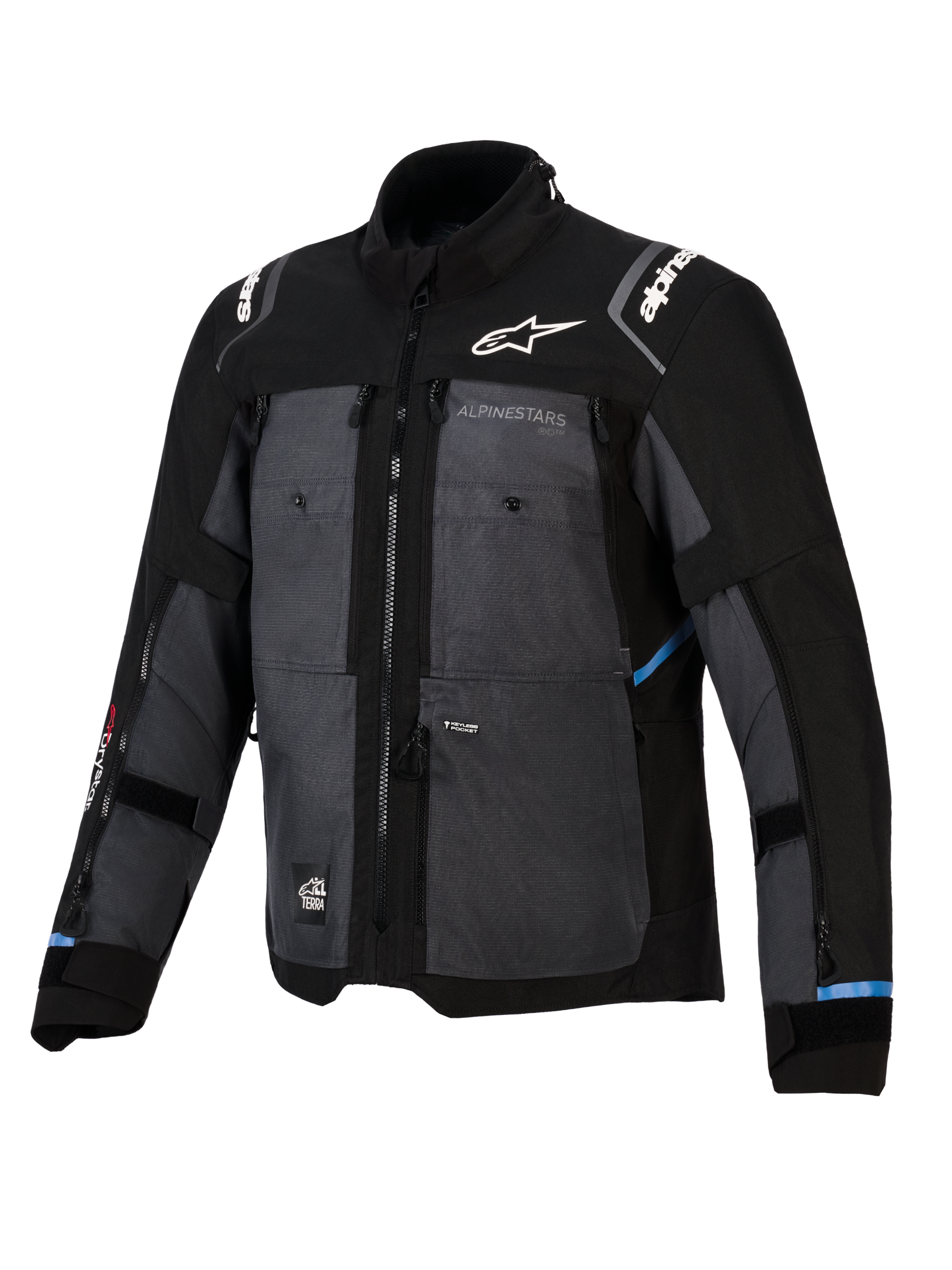 Alpinestars Cusco Drystar® Jacket, Adventure Touring Jacket, Black and Deep Gray, featuring ripstop textile panels, white Alpinestars branding on the chest and shoulders, multiple ventilation zippers, and light blue accents.