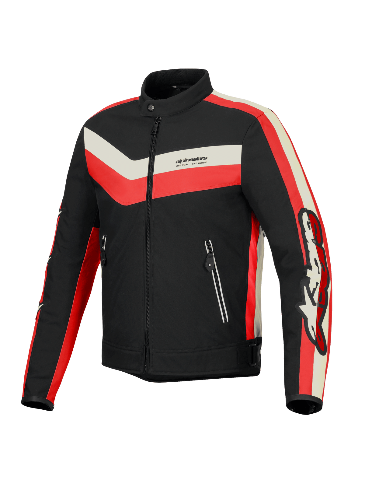 Alpinestars T-Dyno Water Resistant Jacket, men's textile motorcycle road jacket, Black, Bright Red, and Ecru, CE certified with vintage-inspired biker fit
