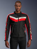 Alpinestars T-Dyno WR Jacket, Textile Motorcycle Jacket, Black with Bright Red and Ecru Chevron Stripes, vintage-inspired biker fit, high collar with button closure, zippered front pockets, star logos on sleeves, worn by model