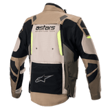 Alpinestars Halo Drystar® Jacket, Rear View, Dark Khaki and Sand with Yellow Fluo accents, Adventure Touring Motorcycle Jacket featuring a large back ventilation panel, 'astars ADVENTURE TECH' branding, and a black lower utility pocket.
