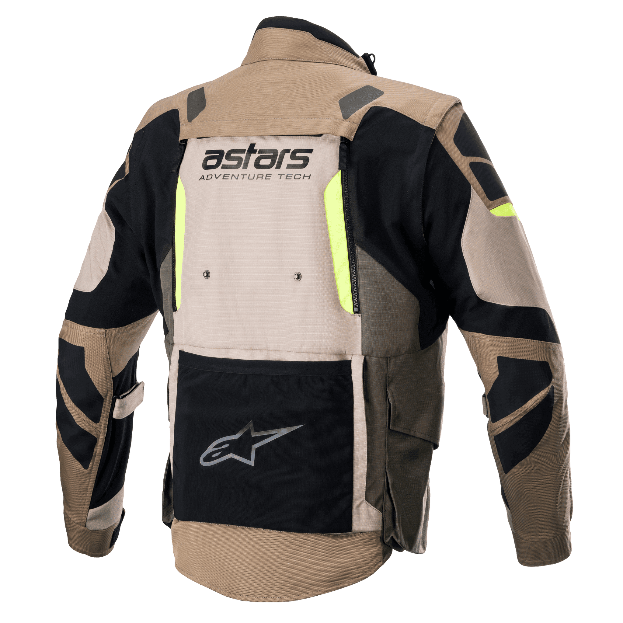 Alpinestars Halo Drystar® Jacket, Rear View, Dark Khaki and Sand with Yellow Fluo accents, Adventure Touring Motorcycle Jacket featuring a large back ventilation panel, 'astars ADVENTURE TECH' branding, and a black lower utility pocket.