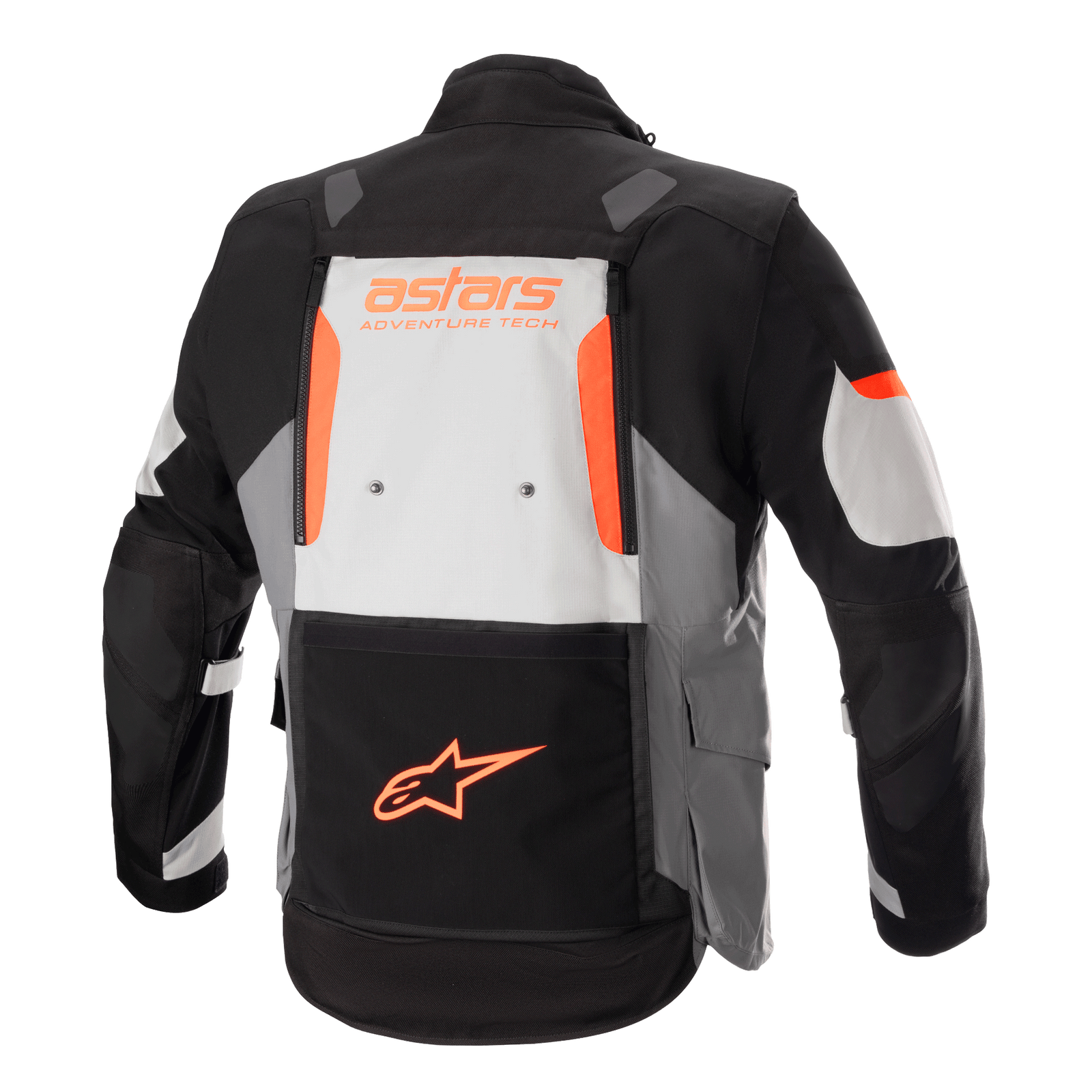 Alpinestars Halo Drystar® Jacket, Adventure Touring Jacket, Dark Gray Ice Gray and Black with orange accents, rear view showing a large back vent panel with 'astars ADVENTURE TECH' branding and orange star logo on the lower pocket, technical multi-season motorcycle gear