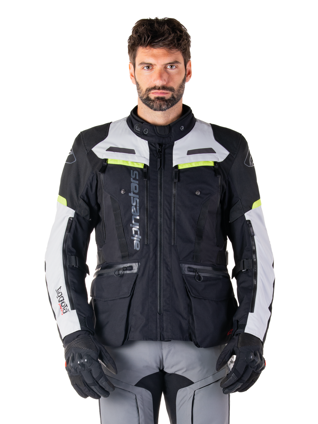 Alpinestars Bogotá Pro Drystar® Jacket, men's adventure touring jacket in black and gray with yellow fluo accents.