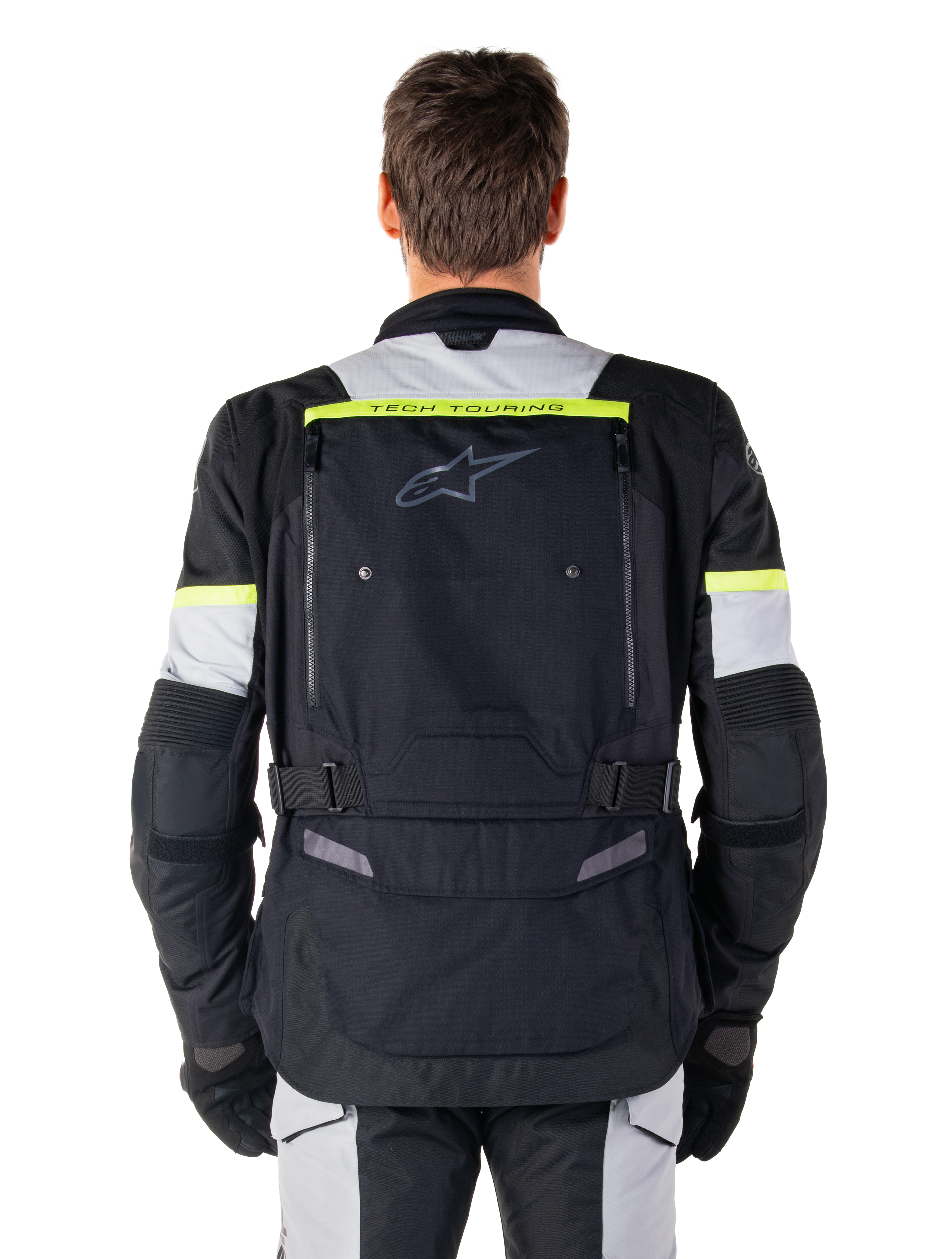 Alpinestars Bogota' Pro Drystar® Jacket, black and yellow fluo adventure touring motorcycle jacket, rear view.