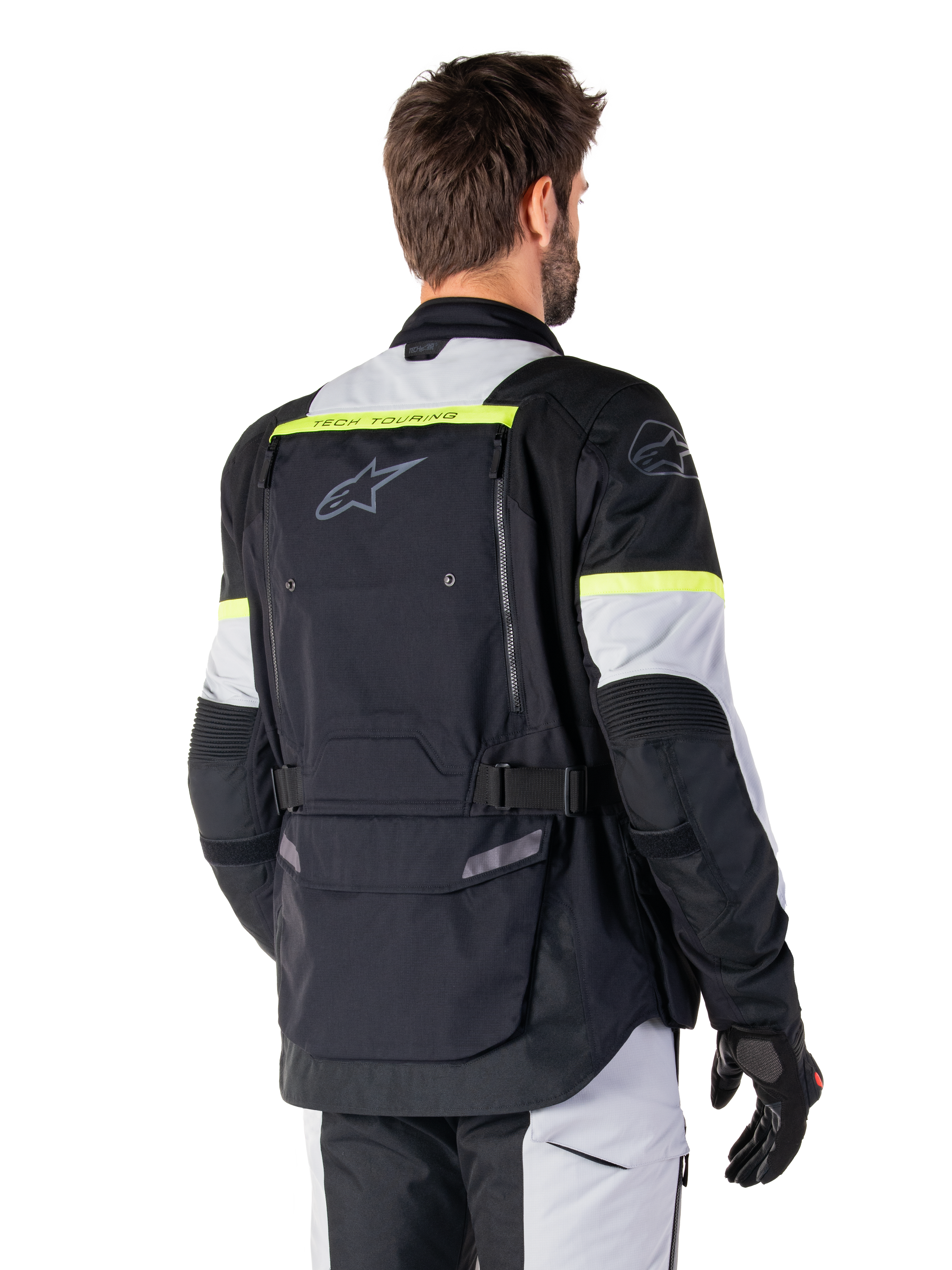 Alpinestars Bogota' Pro Drystar® Jacket, men's textile adventure touring jacket in Black and Yellow Fluo, rear view.