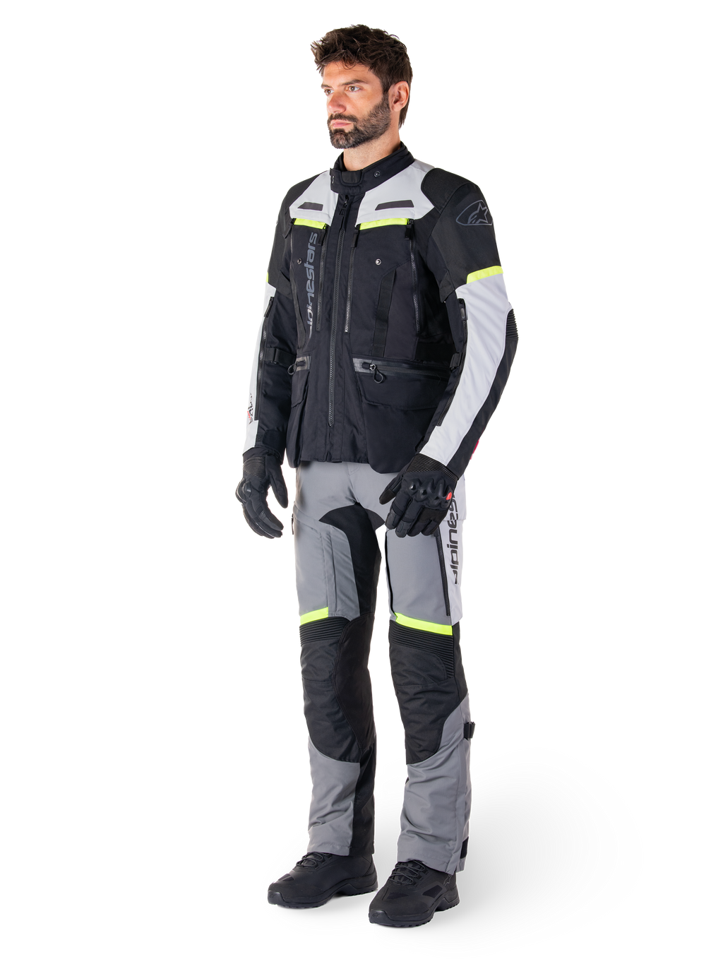 Alpinestars Bogotá Pro Drystar® Jacket, black and gray textile adventure touring gear with yellow fluo accents.