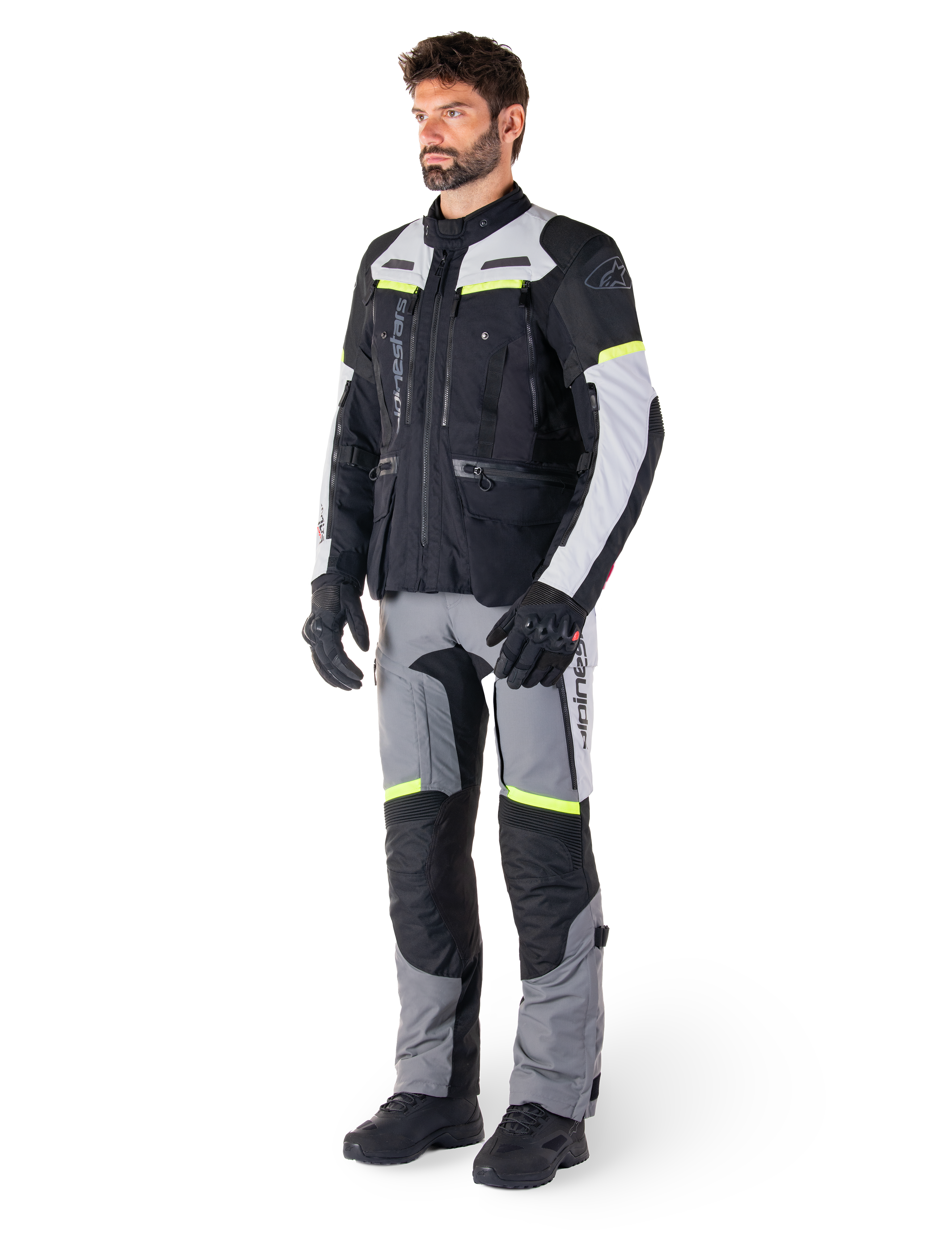 Alpinestars Bogotá Pro Drystar® Jacket, black and gray textile adventure touring gear with yellow fluo accents.