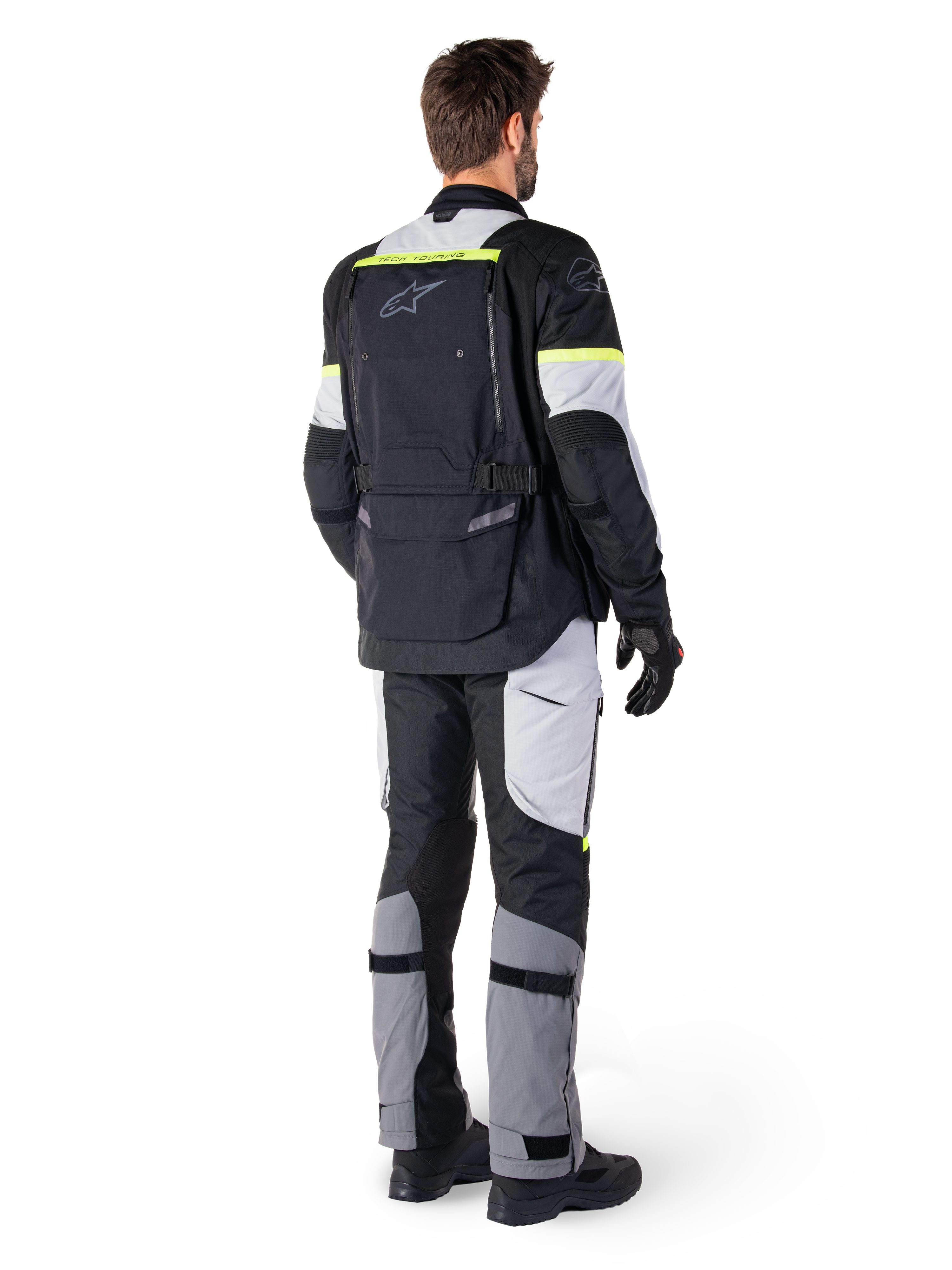 Alpinestars Bogota' Pro Drystar® Jacket, Men's Textile Adventure Touring Jacket, Black and Ice Gray, Yellow Fluo, Rear View.
