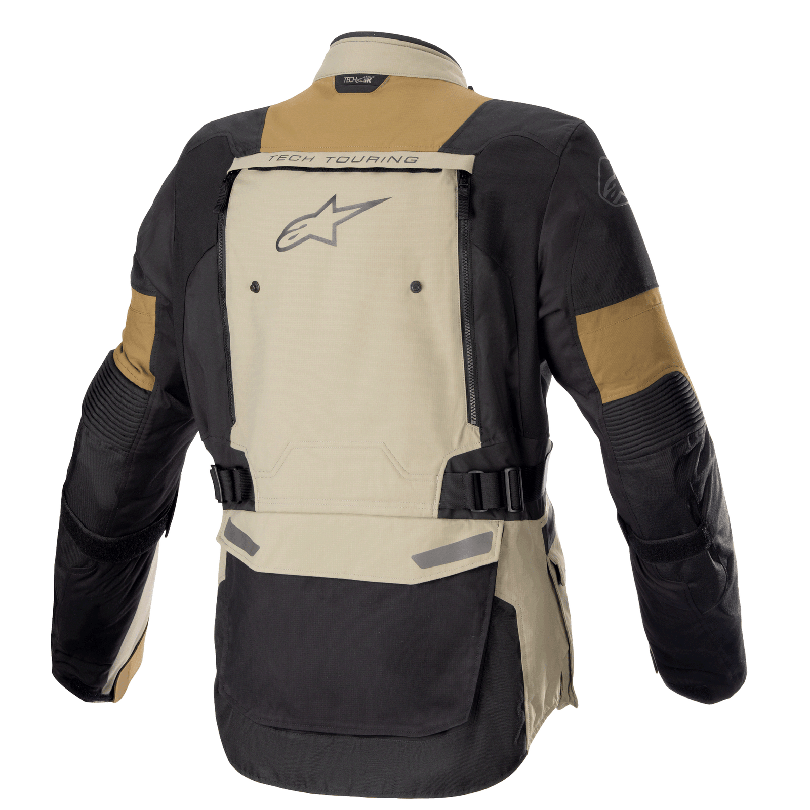 Alpinestars Bogota' Pro Drystar® Jacket, Adventure Motorcycle Jacket, Vetiver Military Olive and Black, rear view showing large back ventilation panel with "TECH TOURING" branding and Alpinestars logo, adjustable waist straps, and durable textile construction for all-season touring.