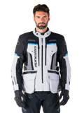 Alpinestars Bogota Pro Drystar Jacket, men's waterproof adventure touring jacket in gray, black, and cyan.
