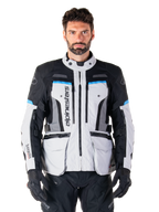 Alpinestars Bogota Pro Drystar Jacket, men's waterproof adventure touring jacket in gray, black, and cyan.