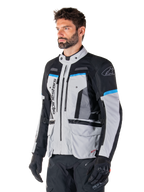Alpinestars Bogota' Pro Drystar® Jacket, men's textile adventure motorcycle jacket in Ice Gray, Black, and Cyan.