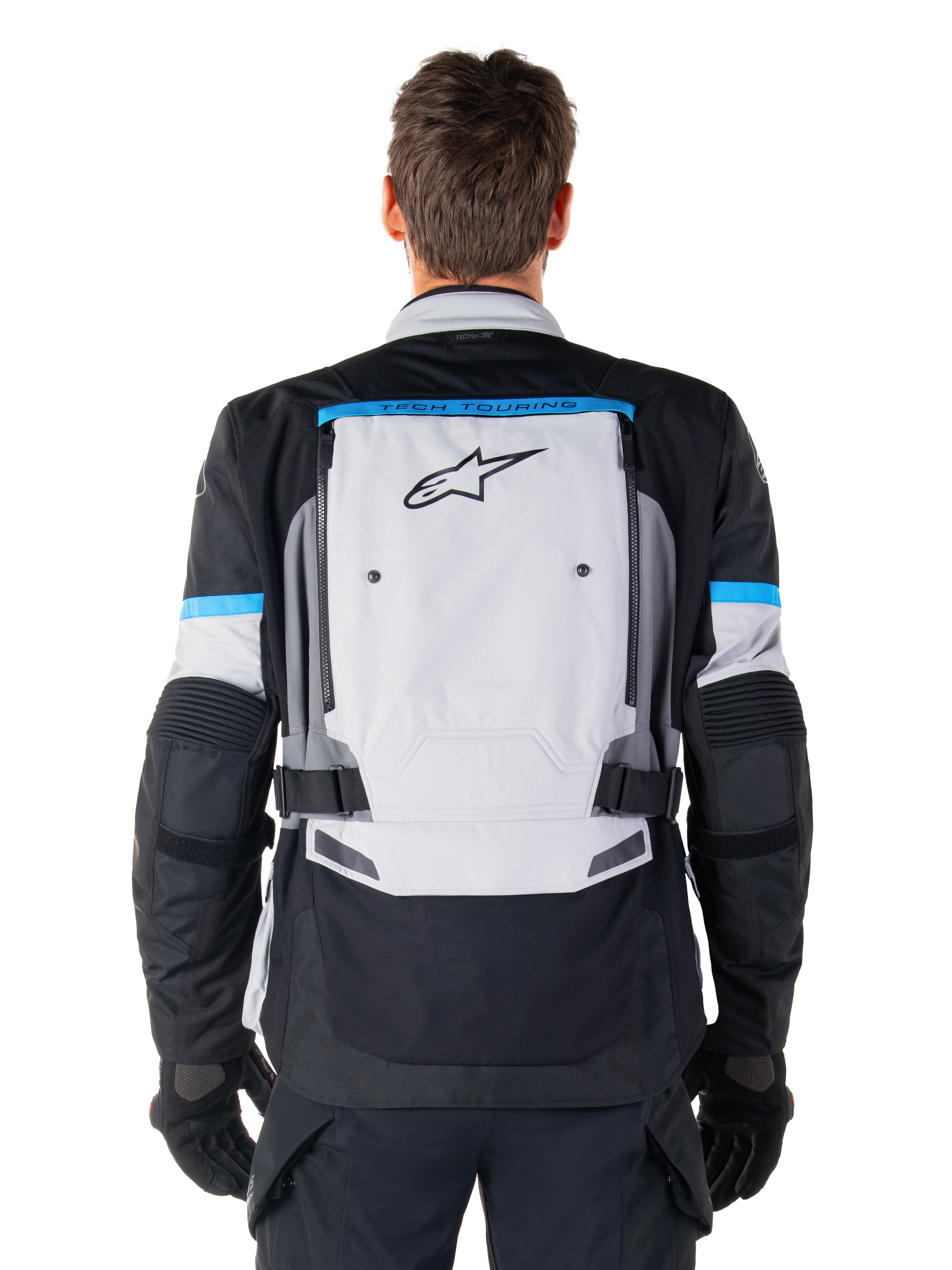 Alpinestars Bogota' Pro Drystar® Jacket, an adventure touring motorcycle jacket in Ice Gray and Black, back view.