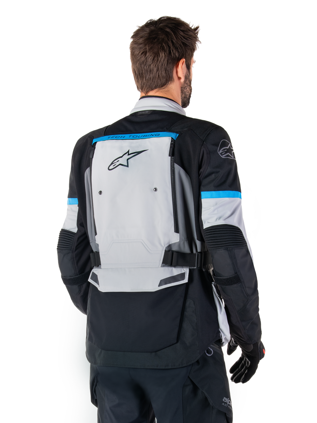 Alpinestars Bogota' Pro Drystar® Jacket, Adventure Motorcycle Jacket, Men, Ice Gray and Black with Cyan, textile, back view.