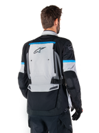 Alpinestars Bogota' Pro Drystar® Jacket, Adventure Motorcycle Jacket, Men, Ice Gray and Black with Cyan, textile, back view.