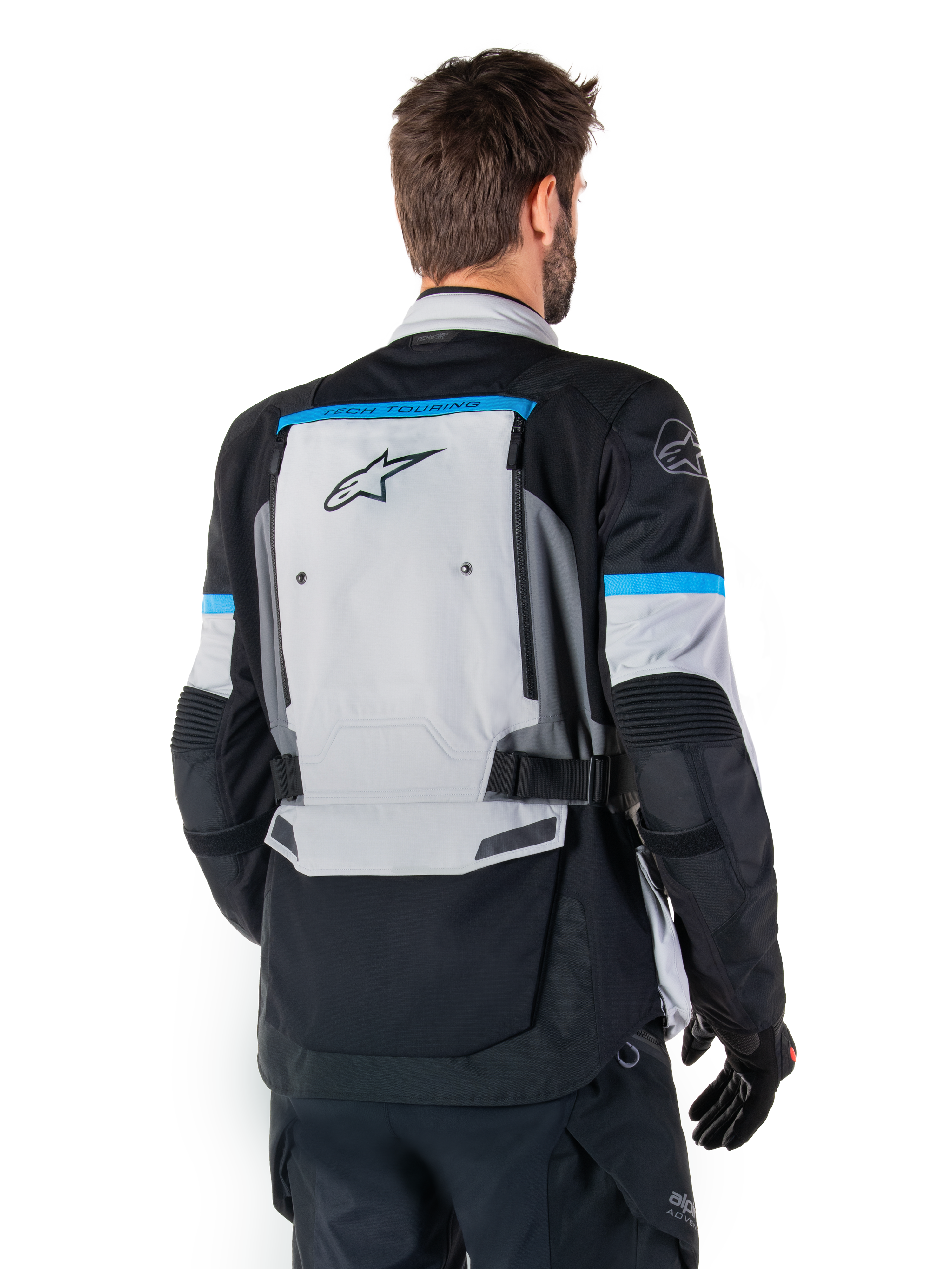 Alpinestars Bogota' Pro Drystar® Jacket, Adventure Motorcycle Jacket, Men, Ice Gray and Black with Cyan, textile, back view.